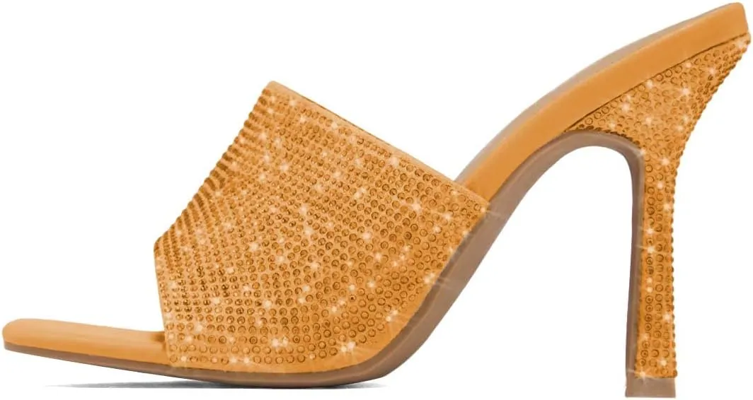 XYD Women Sparkly Rhinestones Open Square Toe Mule Sandals High Heel Stiletto Studded Slide Slipper Summer Outdoor Slip On Party Shoes
