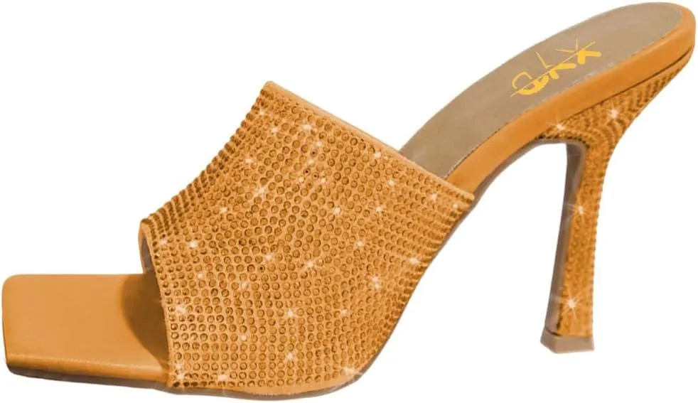 XYD Women Sparkly Rhinestones Open Square Toe Mule Sandals High Heel Stiletto Studded Slide Slipper Summer Outdoor Slip On Party Shoes