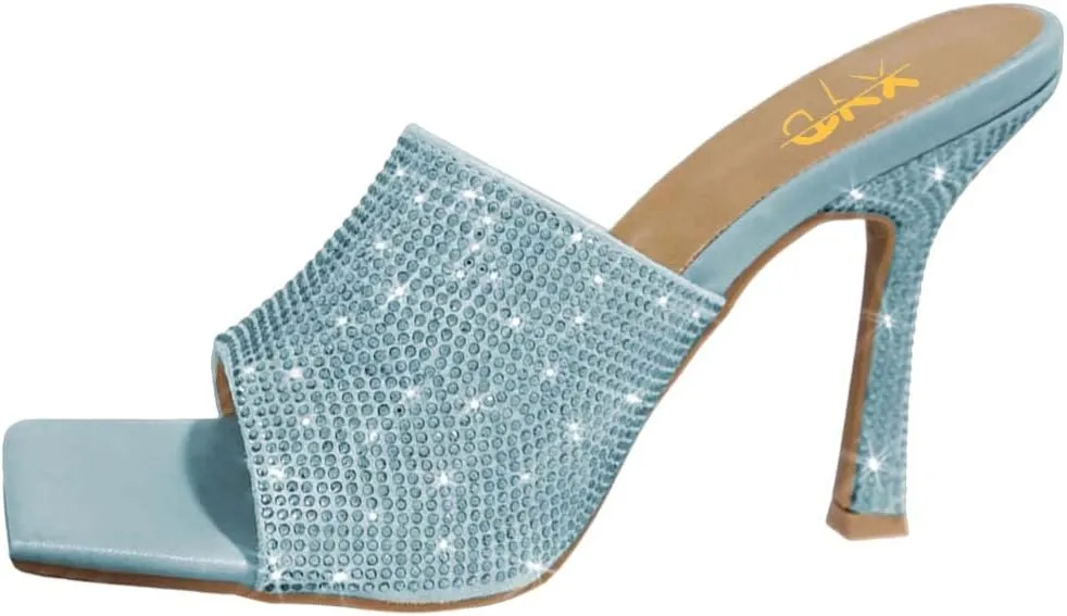 XYD Women Sparkly Rhinestones Open Square Toe Mule Sandals High Heel Stiletto Studded Slide Slipper Summer Outdoor Slip On Party Shoes