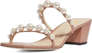 XYD Women Square Open Toe Pearls Embellished Dual Straps Slides Sandals Slip On Low/High Chunky Block Heel Chic Mules Summer Resort Outdoor Party Shoes