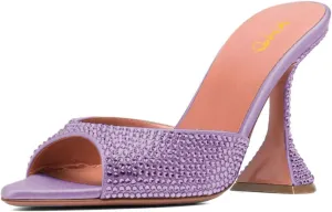 XYD Women's Summer Trendy Open Pointed Toe High Heel Mules Slip-ons Crystal Sparkle Rhinestone Studs Sandals Evening Wedding Party Shoes