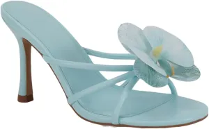 YIYA Women's 3D Flower Strappy Kitten Heels Sandals Elegant Open Round Toe Slip On Slide Floral Slingback Mules Cute Wedding Vacation Party Summer Dress Shoes