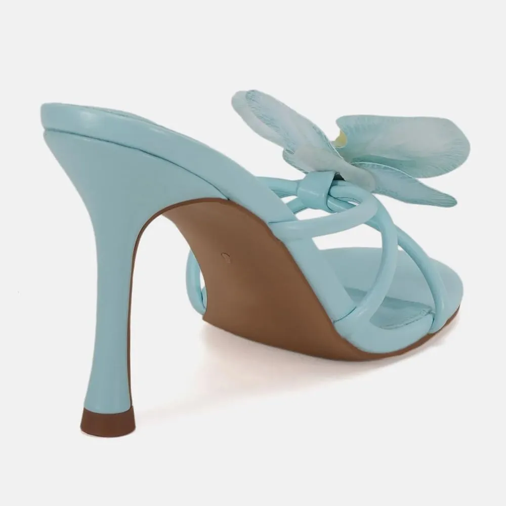 YIYA Women's 3D Flower Strappy Kitten Heels Sandals Elegant Open Round Toe Slip On Slide Floral Slingback Mules Cute Wedding Vacation Party Summer Dress Shoes