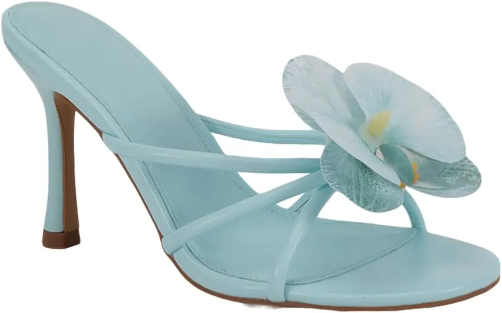 YIYA Women's 3D Flower Strappy Kitten Heels Sandals Elegant Open Round Toe Slip On Slide Floral Slingback Mules Cute Wedding Vacation Party Summer Dress Shoes