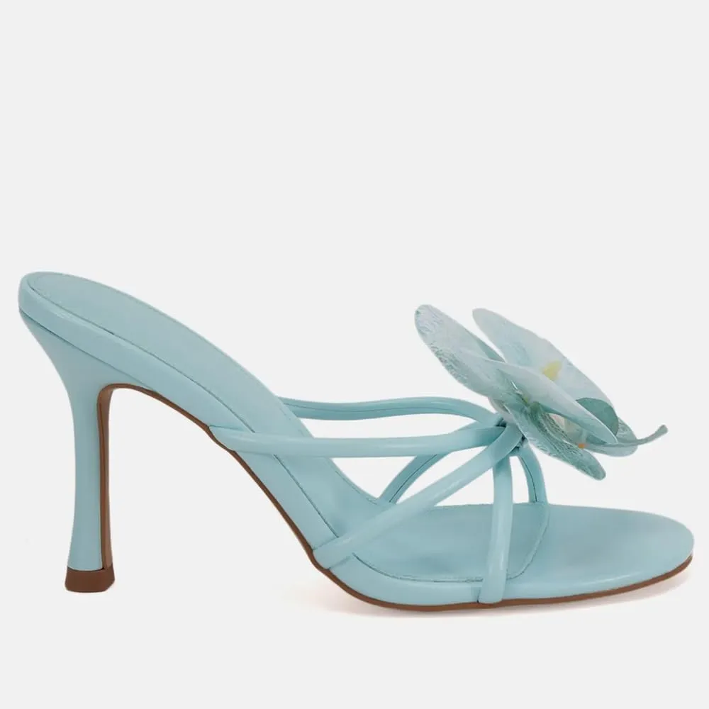 YIYA Women's 3D Flower Strappy Kitten Heels Sandals Elegant Open Round Toe Slip On Slide Floral Slingback Mules Cute Wedding Vacation Party Summer Dress Shoes