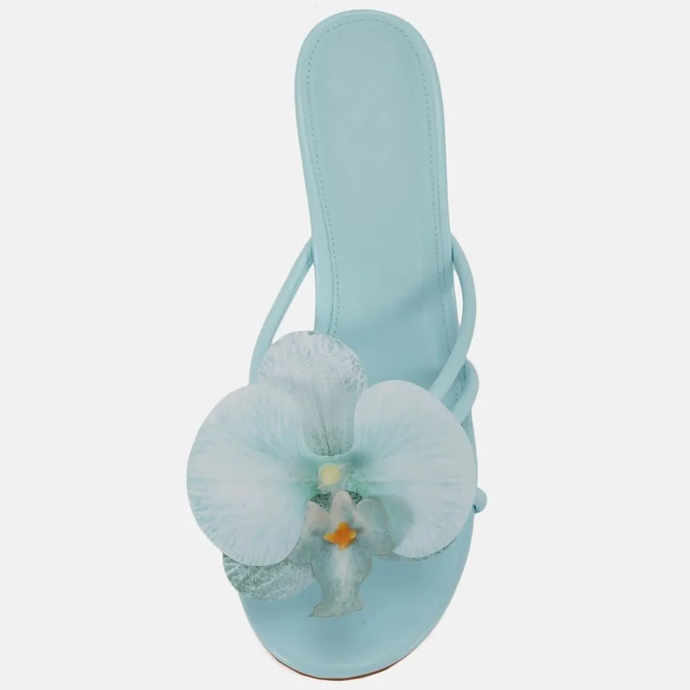YIYA Women's 3D Flower Strappy Kitten Heels Sandals Elegant Open Round Toe Slip On Slide Floral Slingback Mules Cute Wedding Vacation Party Summer Dress Shoes