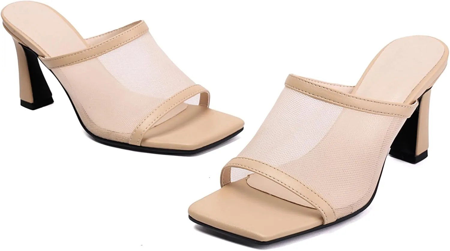 YIYA Women's Open Square Toe Mesh Mules Heels Chunky Block Heel Comfort Slip On Slide Dress Sandals Shoes