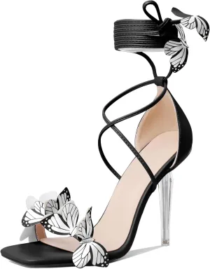Zamikoo High Heeled Sandals for Women, Ankle Strap Open Toe High Heel Butterfly Heels, Strappy Lace Up Square Toe Stiletto Clear Heels 4 Inches
