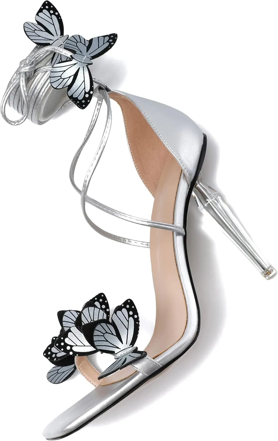 Zamikoo High Heeled Sandals for Women, Ankle Strap Open Toe High Heel Butterfly Heels, Strappy Lace Up Square Toe Stiletto Clear Heels 4 Inches