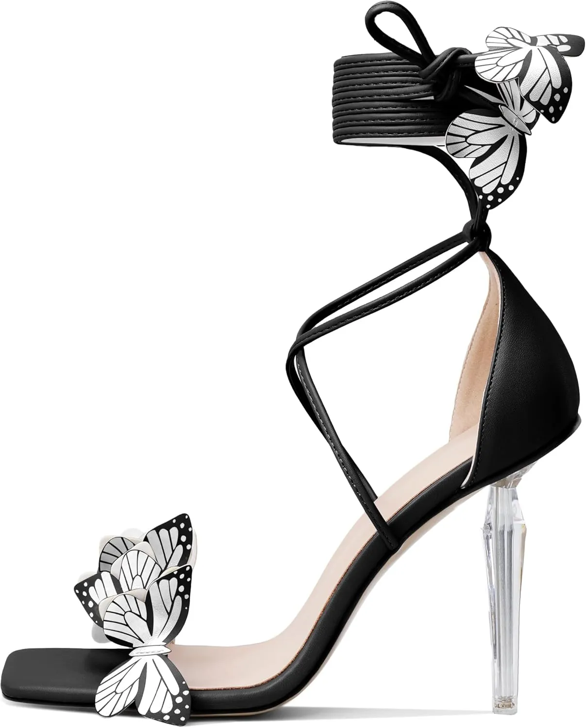 Zamikoo High Heeled Sandals for Women, Ankle Strap Open Toe High Heel Butterfly Heels, Strappy Lace Up Square Toe Stiletto Clear Heels 4 Inches