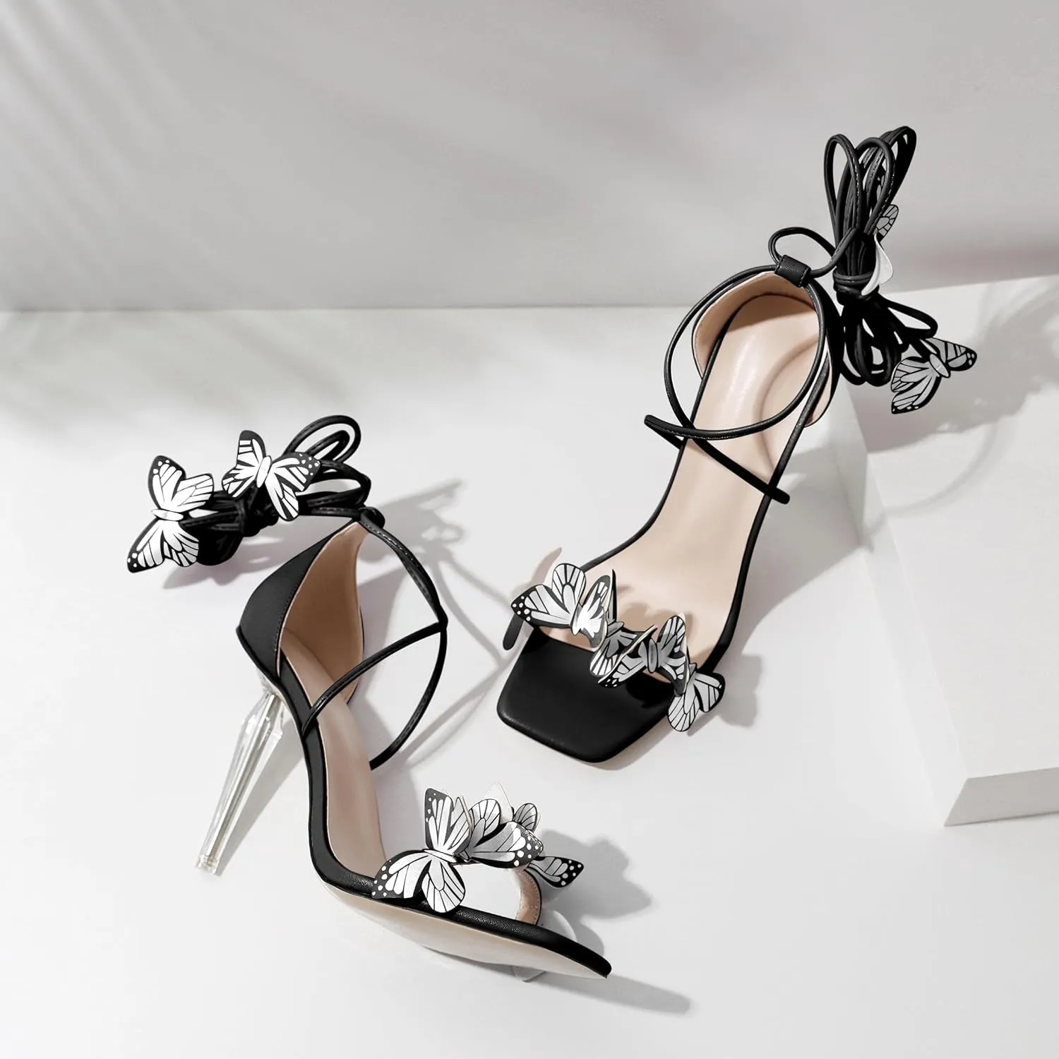Zamikoo High Heeled Sandals for Women, Ankle Strap Open Toe High Heel Butterfly Heels, Strappy Lace Up Square Toe Stiletto Clear Heels 4 Inches