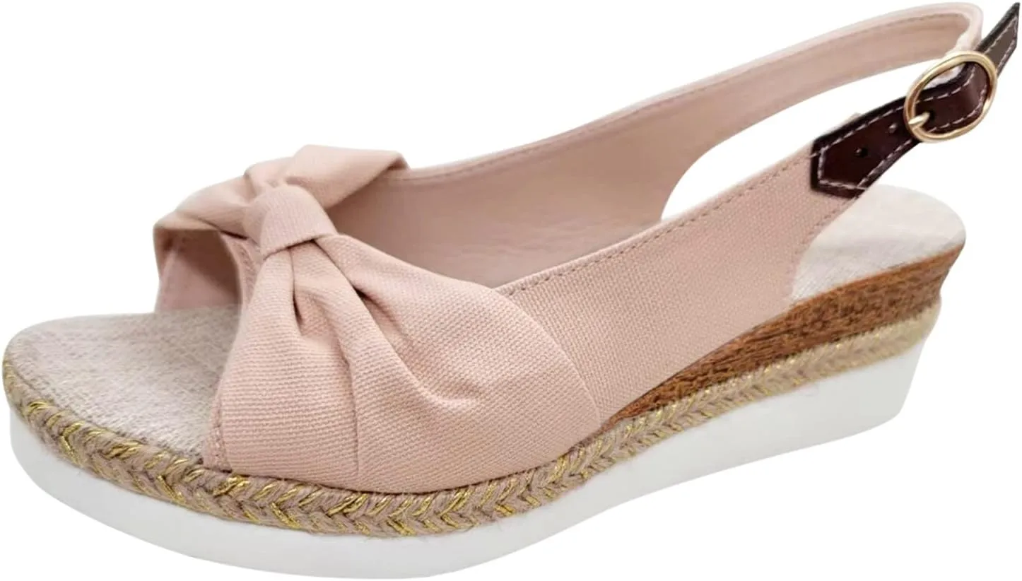 ZSpzx Espadrilles Wedge Sandals for Women 2025 Peep Toe Backless Ankle Strappy Sandal with Twist Knot Bow Dressy Shoes Ladies Arch Support Low Heel Cute Shoe for Wedding Bridal Evening Cocktail