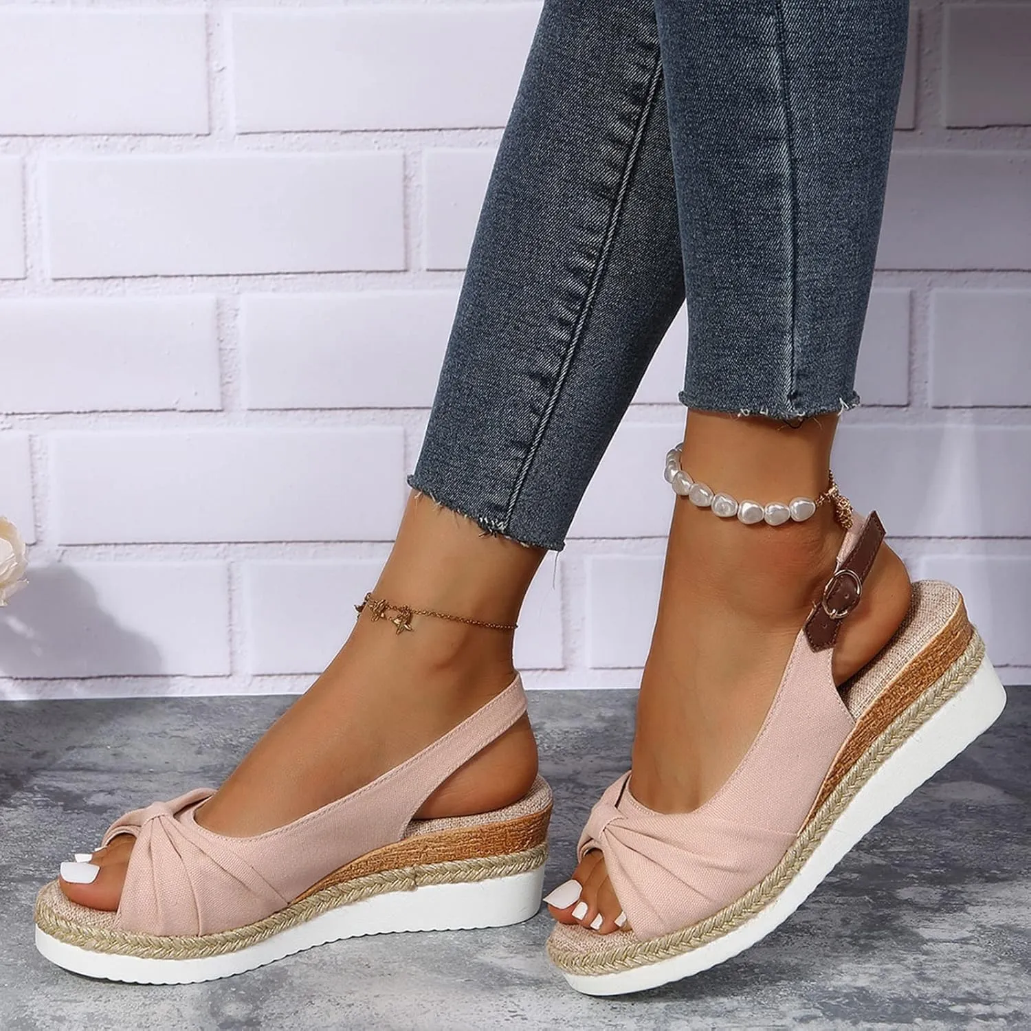 ZSpzx Espadrilles Wedge Sandals for Women 2025 Peep Toe Backless Ankle Strappy Sandal with Twist Knot Bow Dressy Shoes Ladies Arch Support Low Heel Cute Shoe for Wedding Bridal Evening Cocktail