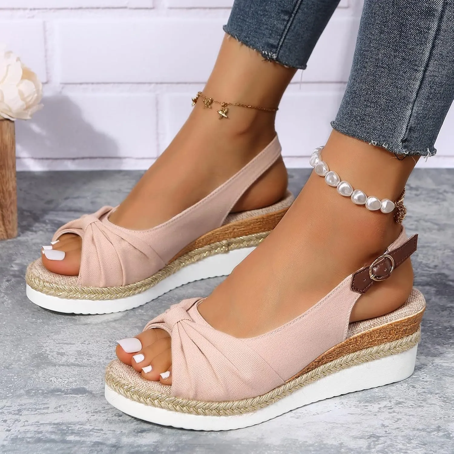 ZSpzx Espadrilles Wedge Sandals for Women 2025 Peep Toe Backless Ankle Strappy Sandal with Twist Knot Bow Dressy Shoes Ladies Arch Support Low Heel Cute Shoe for Wedding Bridal Evening Cocktail