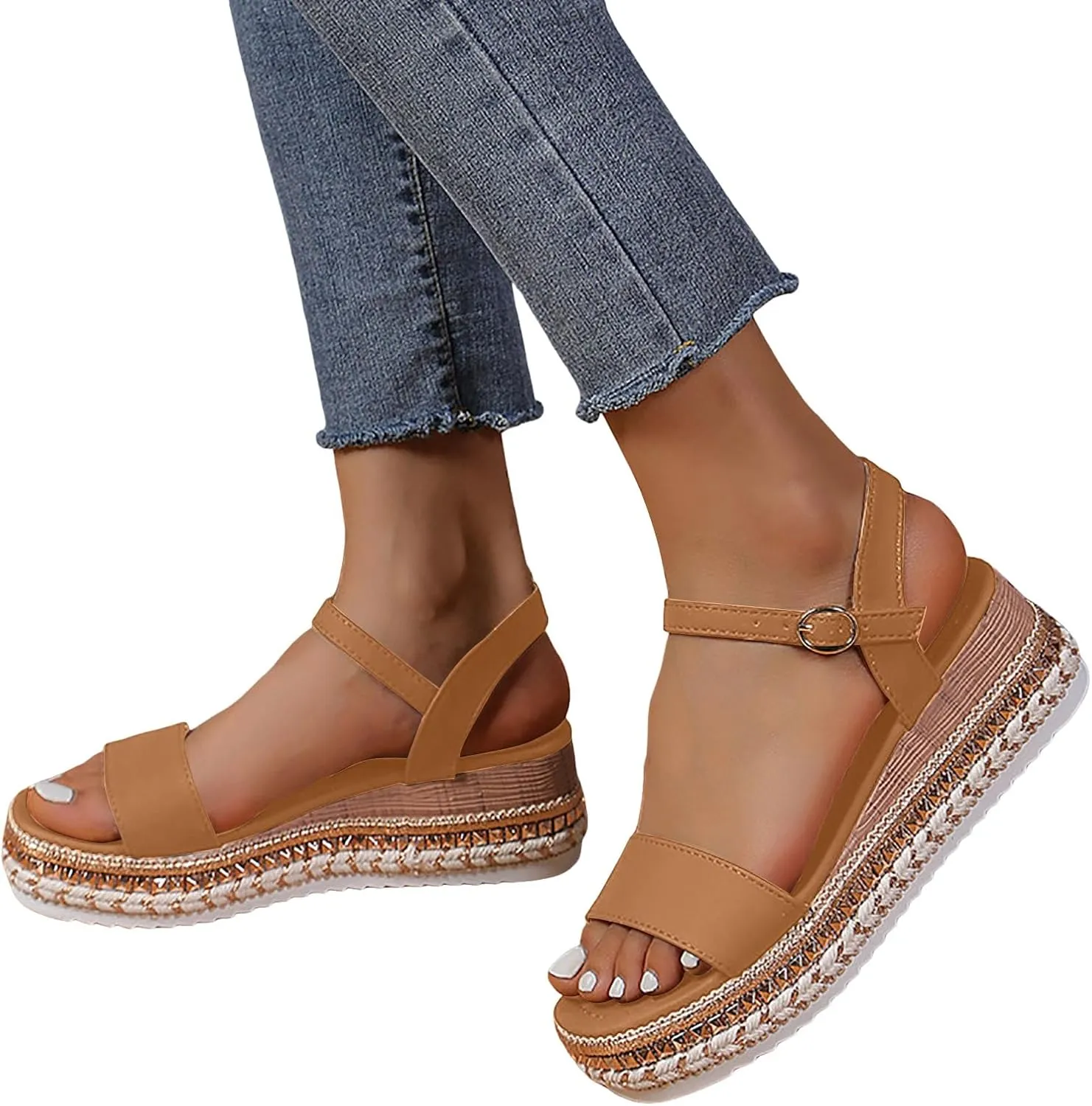 ZSpzx Square Toe Wedge Sandals for Women 2025 Orthopedic Adjustable Strappy Backless Slingback Sandal Ladies Arch Support Comfortable Low Heel Casual Platform Shoes for Beach Vacation Outdoor Indoor