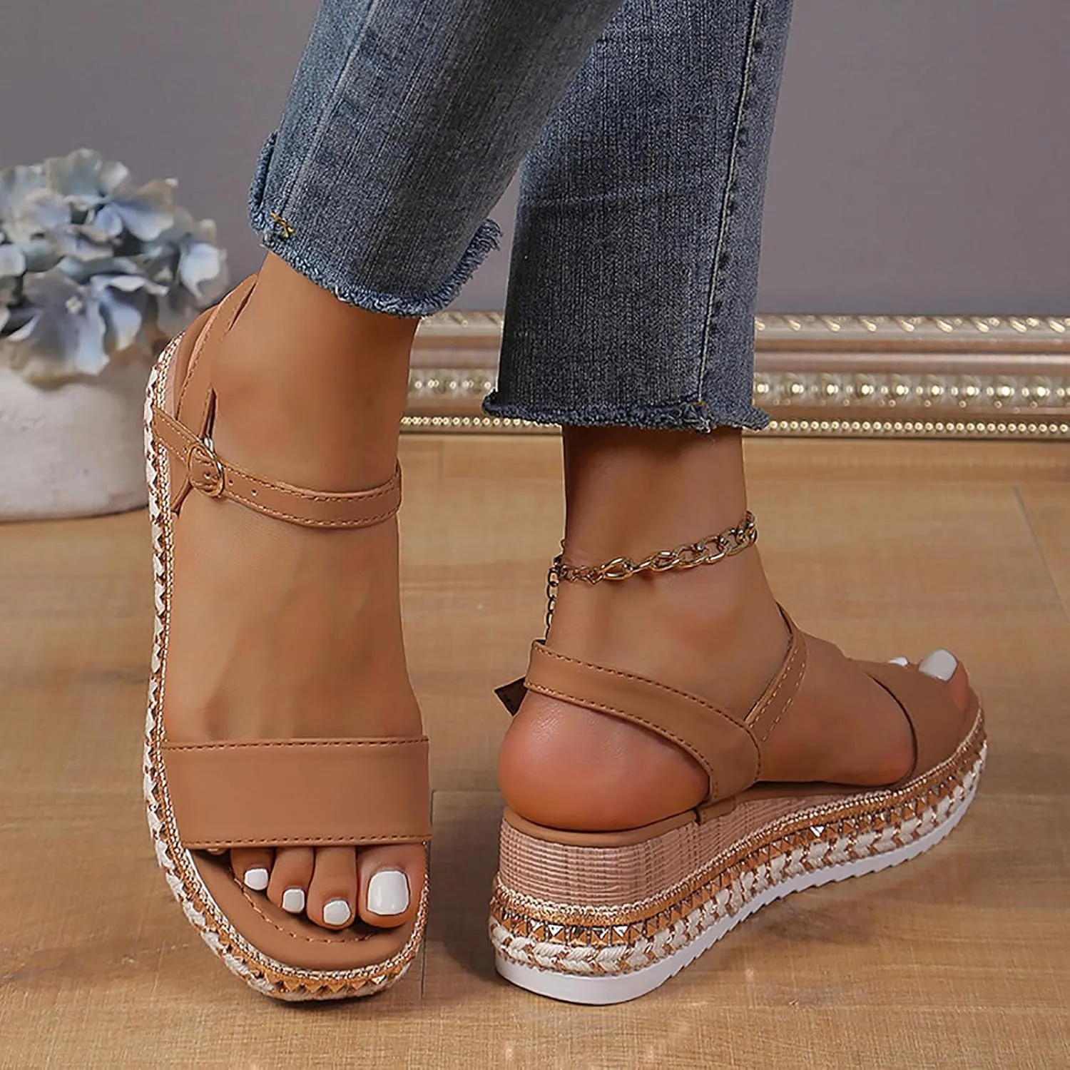 ZSpzx Square Toe Wedge Sandals for Women 2025 Orthopedic Adjustable Strappy Backless Slingback Sandal Ladies Arch Support Comfortable Low Heel Casual Platform Shoes for Beach Vacation Outdoor Indoor