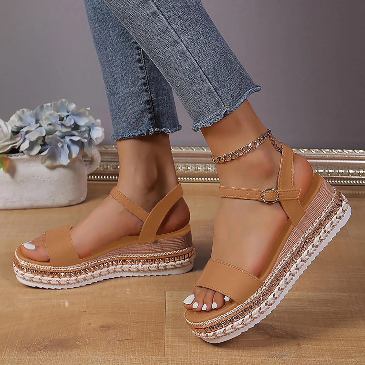 ZSpzx Square Toe Wedge Sandals for Women 2025 Orthopedic Adjustable Strappy Backless Slingback Sandal Ladies Arch Support Comfortable Low Heel Casual Platform Shoes for Beach Vacation Outdoor Indoor