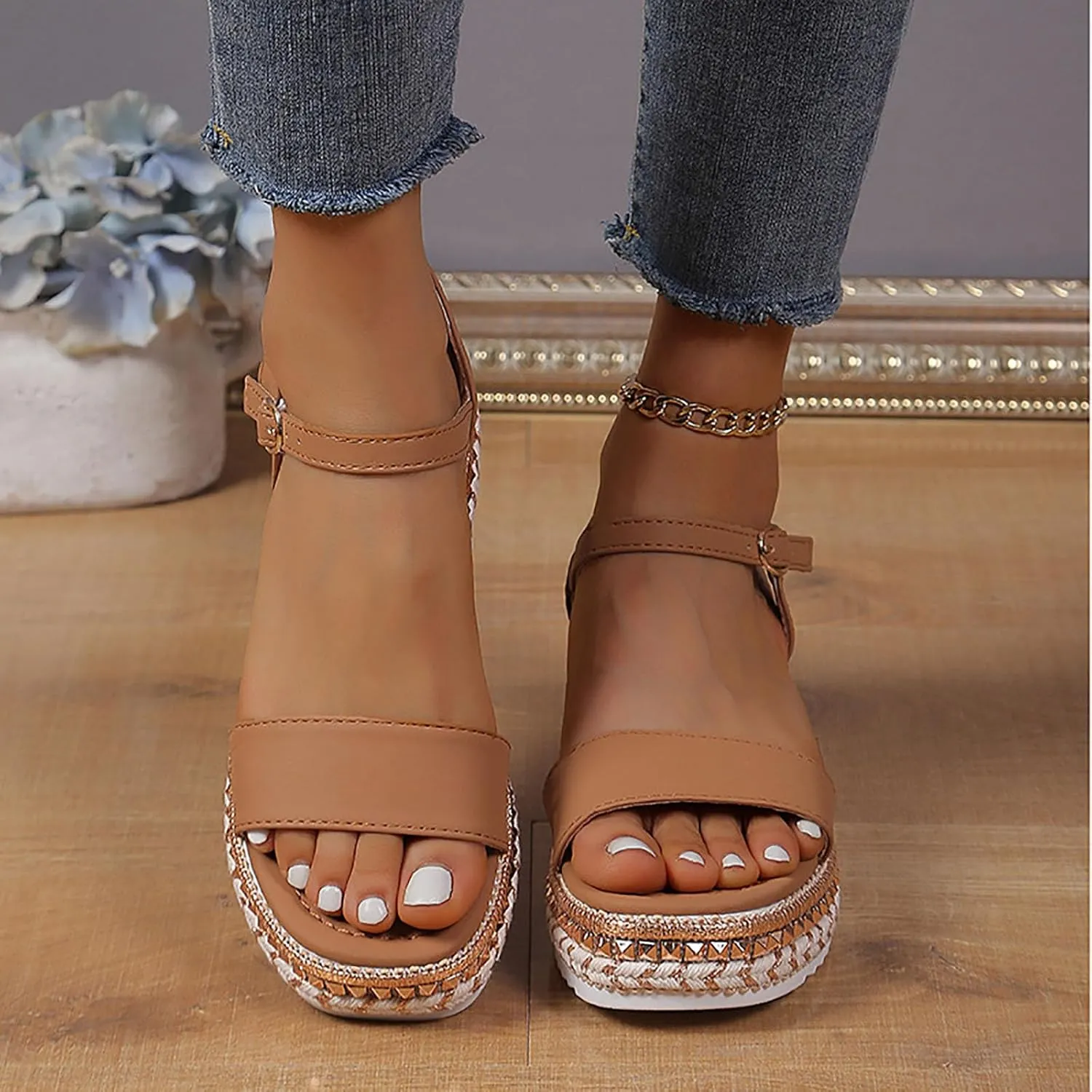 ZSpzx Square Toe Wedge Sandals for Women 2025 Orthopedic Adjustable Strappy Backless Slingback Sandal Ladies Arch Support Comfortable Low Heel Casual Platform Shoes for Beach Vacation Outdoor Indoor
