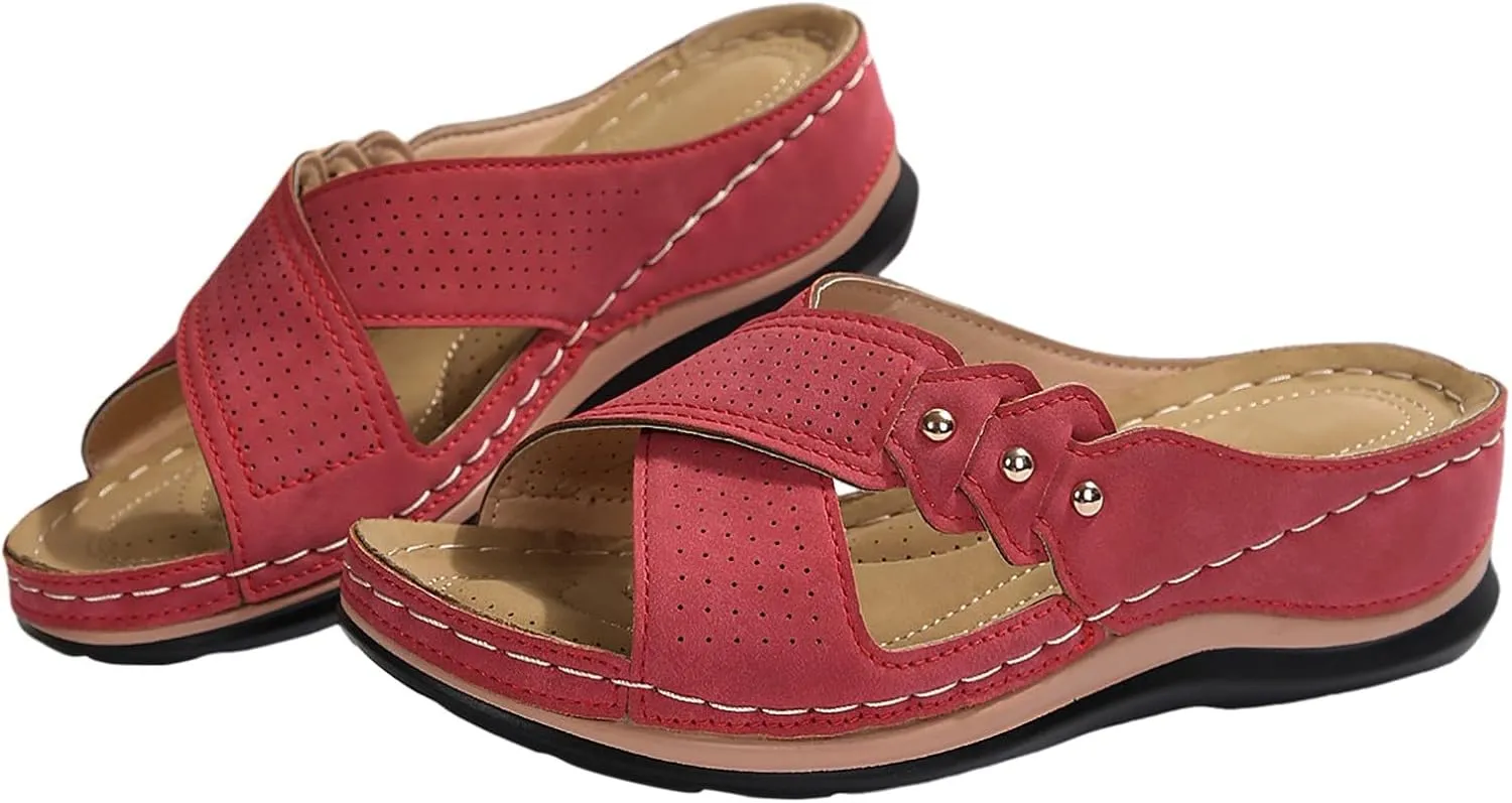 ZSpzx Summer Sandals for Women 2025,Orthopedic Open Toe X-Strap Sandal Plantar Fasciitis Recovery Mules Ladies Low Wedge Heel Slip On Shoes Cushion Footbed Non-Slip Shoe for Daily Wear