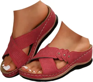 ZSpzx Summer Sandals for Women 2025,Orthopedic Open Toe X-Strap Sandal Plantar Fasciitis Recovery Mules Ladies Low Wedge Heel Slip On Shoes Cushion Footbed Non-Slip Shoe for Daily Wear