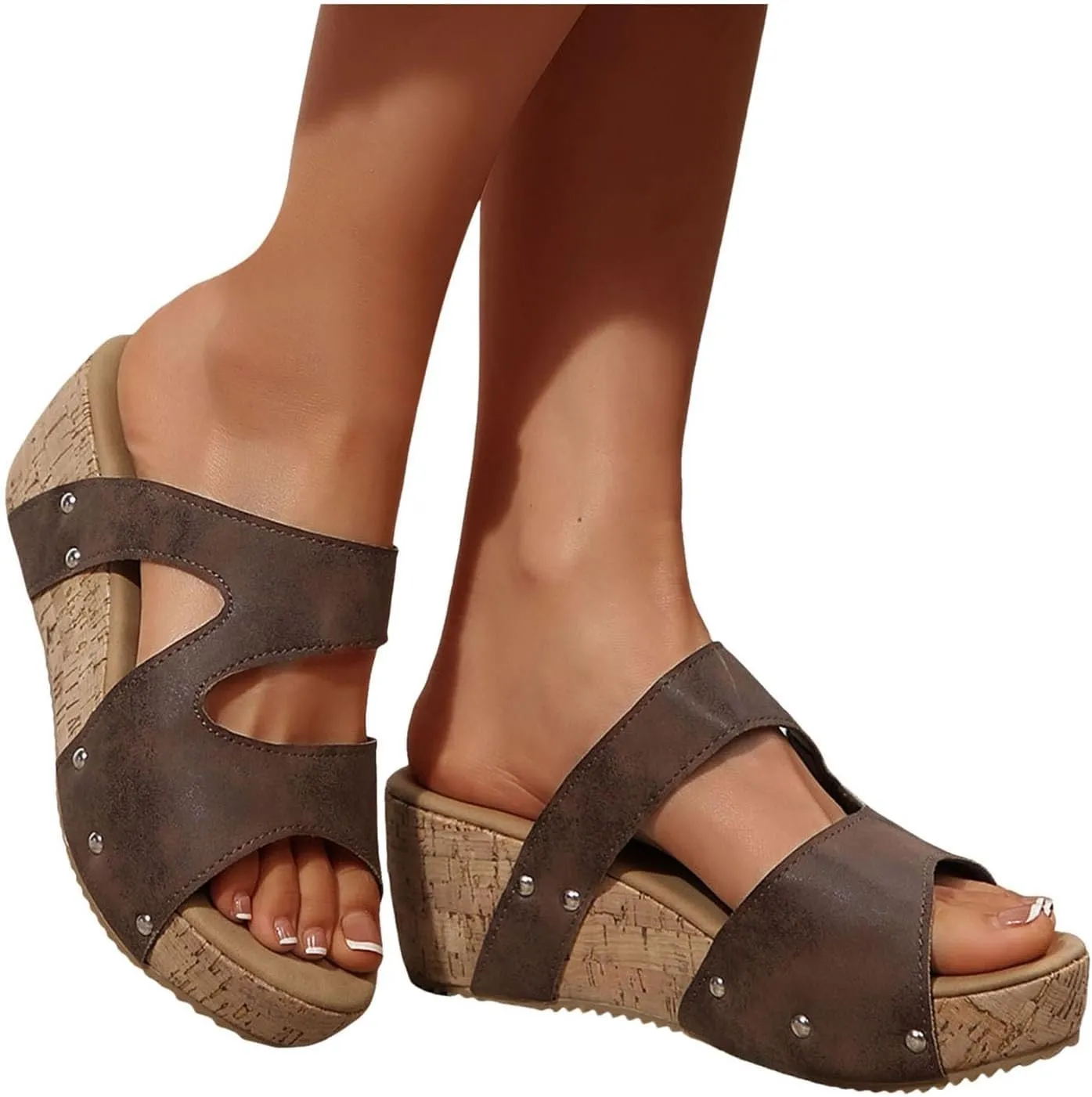 ZSpzx Wedge Sandals For Women 2025,Women's Slide Sandals,Arch Support Hollow Out Slippers with Rivets Comfortable Summer Casual Sandal Orthopedic Walking Beach Shoes Slip On Wide Width Slipper